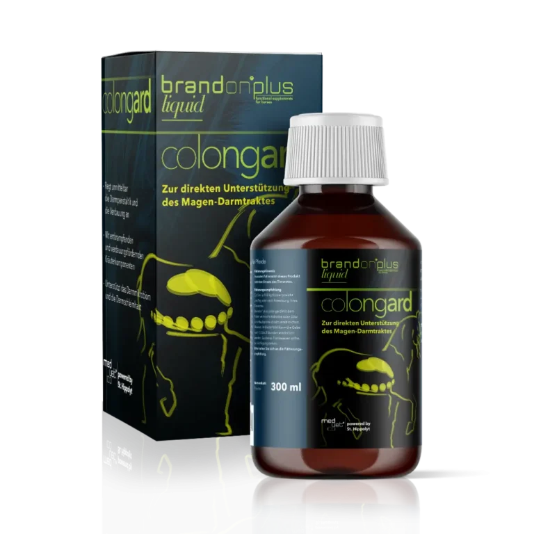 Produktfoto von „brandon plus liquid colongard“ (300 ml Flasche mit Verpackung) zur Unterstützung des Magen-Darm-Traktes bei Pferden.