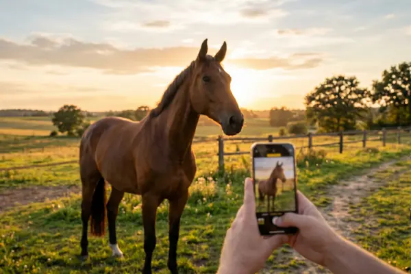 Ein braunes Pferd steht im warmen, goldenen Licht des Sonnenuntergangs auf einer grünen Koppel. Im Vordergrund hält eine Hand ein leicht unscharfes Smartphone, das das Pferd im Porträtmodus fokussiert. Das tiefstehende Sonnenlicht erzeugt eine weiche Atmosphäre, lässt das Fell des Pferdes glänzen und hebt seine Konturen plastisch hervor.