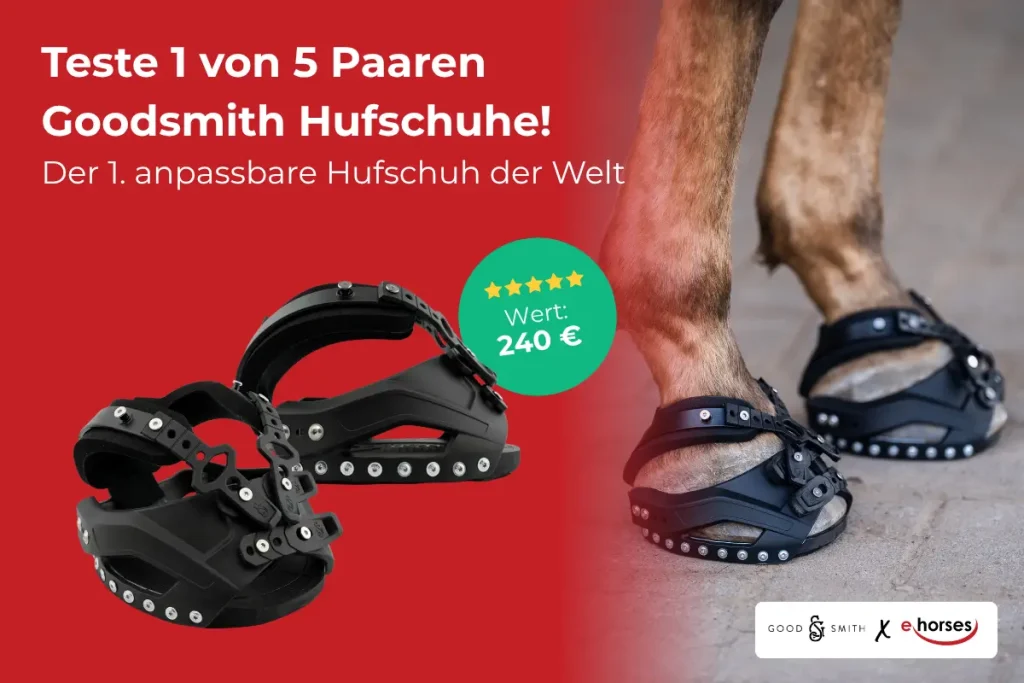 Werbebanner von Goodsmith und ehorses: „Teste 1 von 5 Paaren Goodsmith Hufschuhe! Der 1. anpassbare Hufschuh der Welt“ im Wert von 240 €. Abgebildet sind schwarze Goodsmith-Hufschuhe separat und am Pferdehuf.