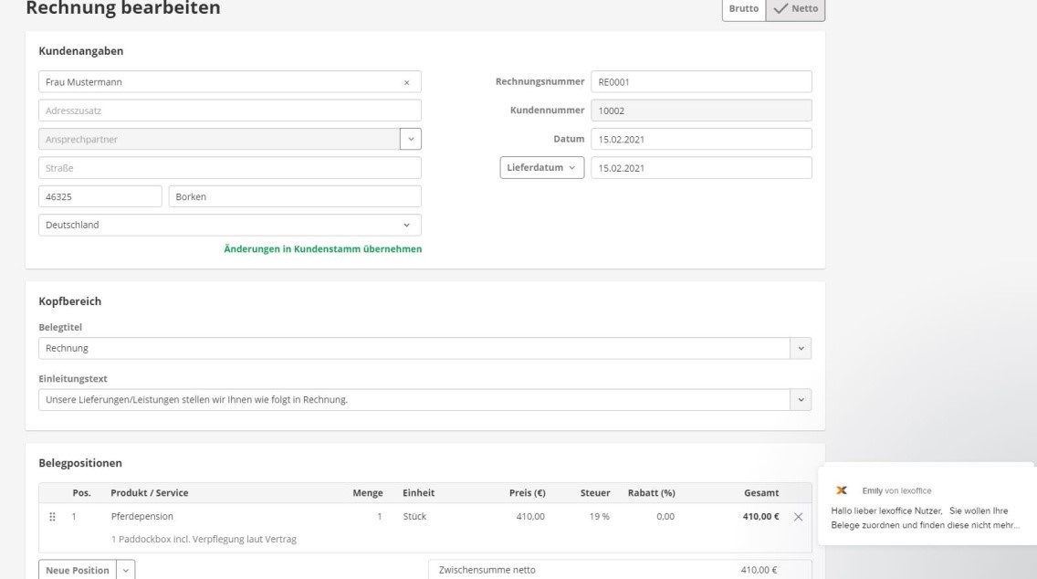 lexoffice Produkttest Screenshot von einer Rechnungserstellung