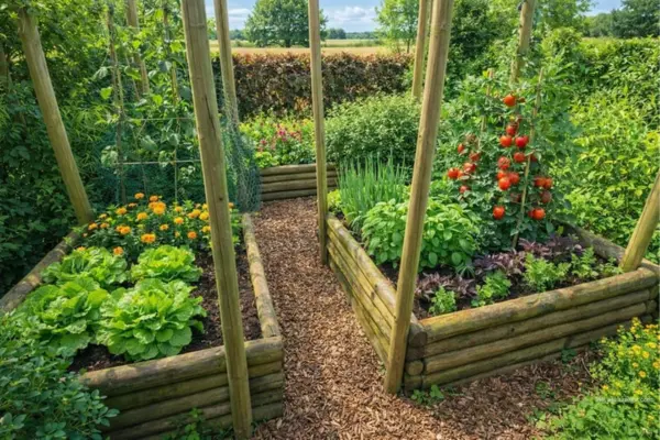Ein gepflegter Gemüsegarten mit zwei Beeten, die durch dicke, runde Holzstämme eingefasst sind. Dazwischen verläuft ein kleiner Weg, der mit Rindenmulch ausgelegt ist. Im linken Beet gedeihen große Salatköpfe und gelb blühende Blumen, während im rechten Beet rote Tomaten an Rankhilfen wachsen, umgeben von weiteren grünen und rötlichen Pflanzen. Über den Beeten ist ein Gestell aus hellen Holzstangen errichtet, teilweise mit grünen Netzen als Rankhilfe versehen. Im Hintergrund runden üppig grüne Hecken, Sträucher und Bäume das idyllische Gartenbild ab.