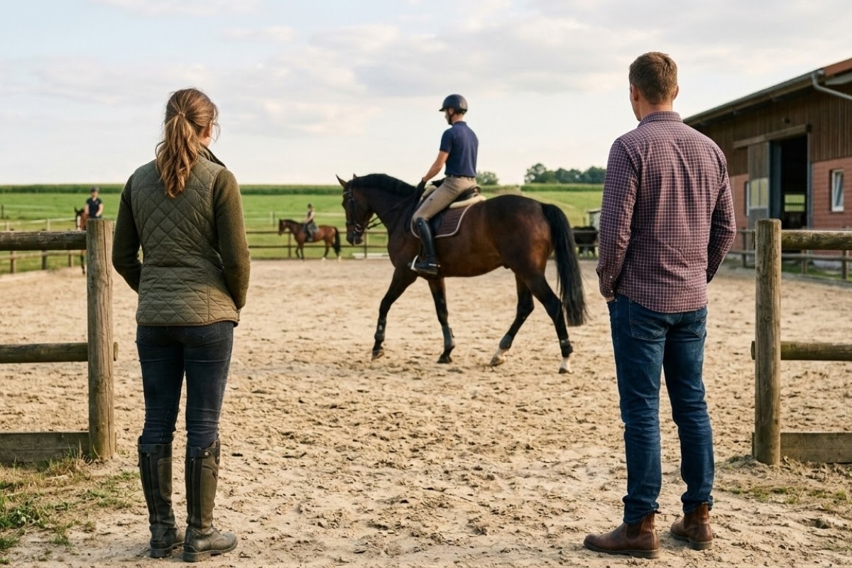 Ein realistisches Foto einer Probereit-Situation auf einem sandigen Außenreitplatz. Im Vordergrund stehen eine Frau in olivfarbener Weste und ein Mann im karierten Hemd mit dem Rücken zum Betrachter und beobachten aufmerksam das Geschehen. Im Mittelpunkt reitet eine Person ein dunkelbraunes Pferd im Trab. Im Hintergrund sind ein Stallgebäude aus roten Ziegeln und eine weite, grüne Landschaft unter leicht bewölktem Himmel zu sehen.