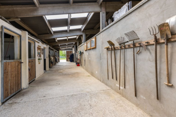 Helle Stallgasse einer Reitanlage mit Pferdeboxen und aufgehängtem Stallwerkzeug an der Betonwand.