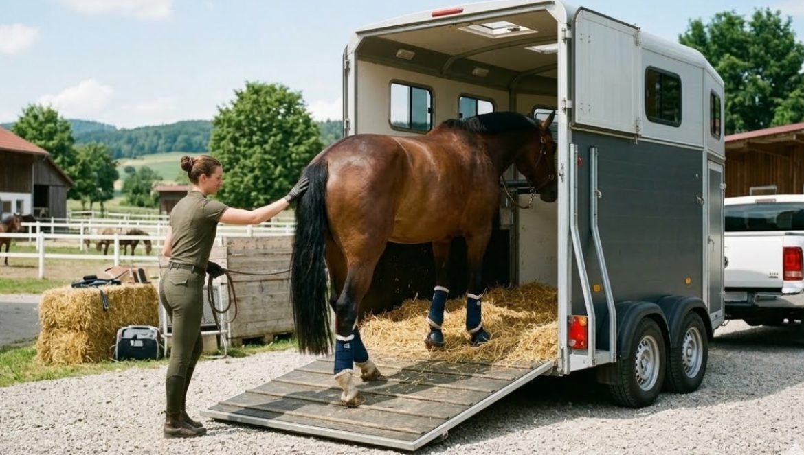 Realistische Szene eines Pferdetransports: Ein braunes Pferd mit blauen Verladegamaschen wird von einer Reiterin ruhig über die Rampe von hinten in einen hellen, mit Stroh eingestreuten Pferdeanhänger geführt.