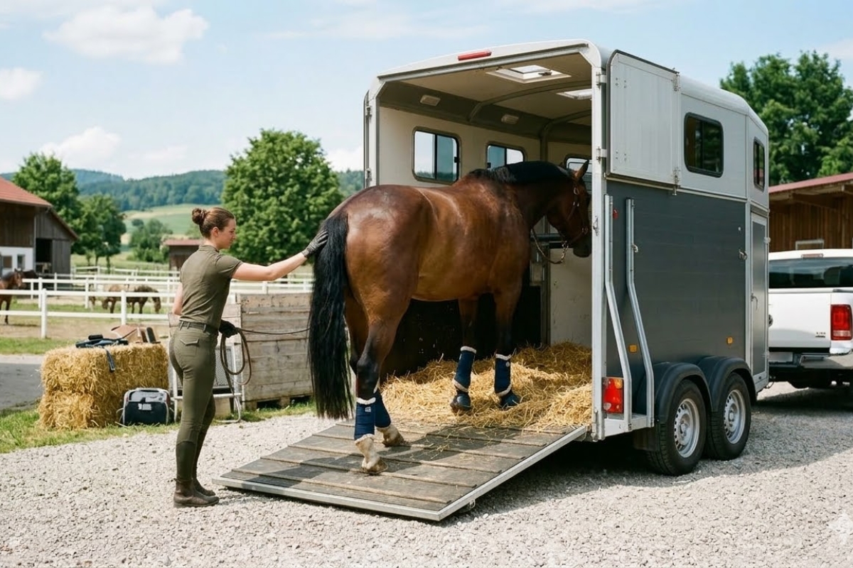 Realistische Szene eines Pferdetransports: Ein braunes Pferd mit blauen Verladegamaschen wird von einer Reiterin ruhig über die Rampe von hinten in einen hellen, mit Stroh eingestreuten Pferdeanhänger geführt.