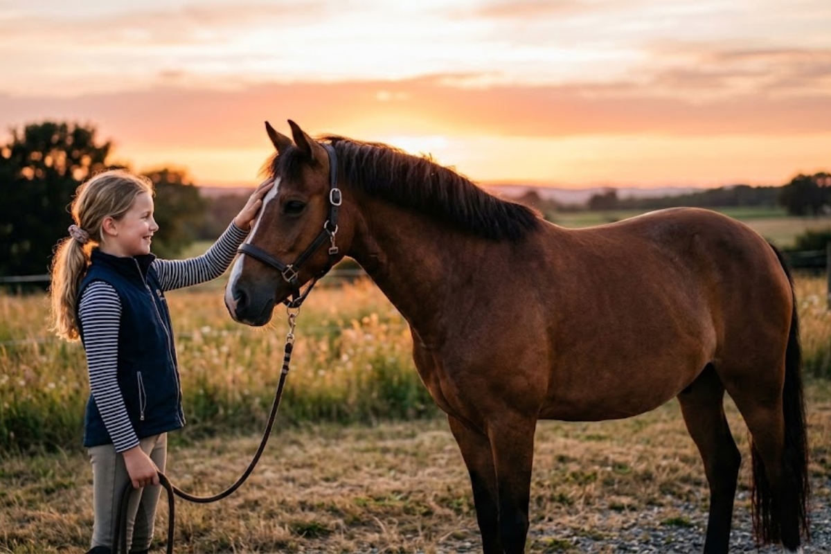 Ein junges Mädchen lächelt und streichelt sanft die Stirn eines braunen Deutschen Reitponys auf einer Weide bei Sonnenuntergang.
