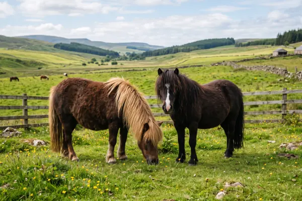 Zwei kleine Shetland-Ponys stehen auf einer grünen Weide mit kleinen gelben Blumen. Das linke Pony ist braun mit einer dichten, hellen Mähne und grast mit gesenktem Kopf. Das rechte Pony ist dunkelbraun bis schwarz, hat eine Blesse auf der Nase und blickt direkt nach vorne. Hinter den Ponys verläuft ein Holzzaun, und im Hintergrund erstreckt sich eine weite, hügelige Landschaft mit weiteren Koppeln, Steinmauern und einigen ländlichen Gebäuden unter einem leicht bewölkten Himmel.