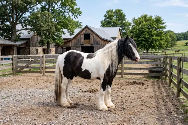 Ein kräftiges Tinker-Pferd mit typischer Rappscheckung (schwarz-weißes Fellmuster) steht im Profil von der Seite auf einem sandigen Paddock. Das Pferd besitzt eine lange, zweifarbige Mähne, einen ausgeprägten Behang (langen Fesselbehang) an den weißen Beinen und einen dunklen Kopf mit einer Blesse. Der Paddock ist von stabilen Holzzäunen umgeben. Im Hintergrund sind rustikale Stallgebäude aus Holz mit Blechdächern, grüne Bäume und angrenzende Weiden unter einem leicht bewölkten Himmel zu sehen.