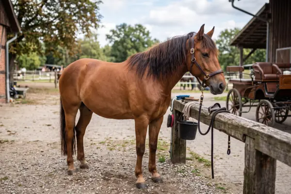 Ein Freiberger Pferd steht an einem Putzplatz und schaut zufrieden.