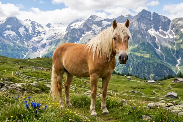 Ein hellbrauner Haflinger mit heller, fast weißer Mähne steht auf einer grünen Almwiese in den Alpen und blickt direkt in die Kamera. Der Vordergrund zeigt saftiges Gras mit blauen und gelben Alpenblumen. Im Hintergrund erstreckt sich ein weites Tal mit traditionellen Holzhütten und Zäunen, dahinter ragen mächtige, teils schneebedeckte Berggipfel unter einem leicht bewölkten, blauen Himmel empor.