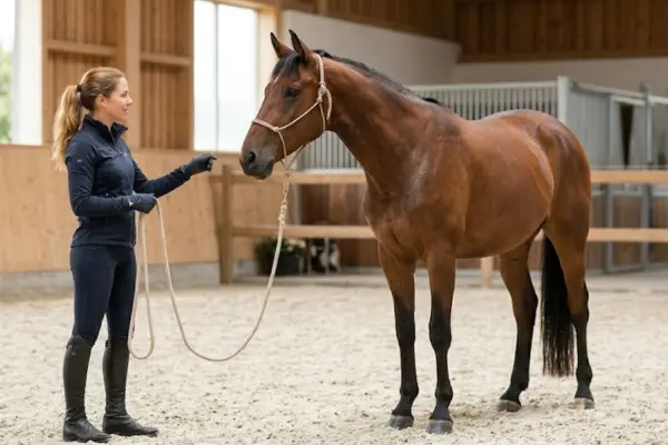 Eine junge Frau in dunkelblauer Reitkleidung bei der achtsamen Bodenarbeit mit einem aufmerksamen braunen Pferd in einer modernen, hellen Reithalle. Das Bild verdeutlicht die intensive nonverbale Kommunikation und das tiefe Vertrauen der Partnerschaft.