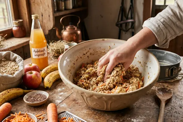 Eine Nahaufnahme einer Person in einem Leinenhemd, die mit der Hand einen groben Teig aus Haferflocken, geriebenen Karotten und anderen Zutaten in einer großen, rustikalen Keramikschüssel mischt. Die Schüssel steht auf einem alten Holztisch, der mit verschiedenen Backzutaten übersät ist: einem Sackleinen-Beutel voller Haferflocken, zwei roten Äpfeln, drei Bananen, einer kleinen Schale mit Leinsamen, ganzen Karotten und einer Glasflasche mit der handschriftlichen Aufschrift „Apfelsaft ungesüßt“. Im rustikalen Hintergrund sind ein Fenster mit Blick auf ein Paddock-ähnliches Feld, ein Bündel getrocknetes Heu auf der Fensterbank, offene Holzregale mit Vorratsgläsern, ein alter Kupferkessel und ein Ledergeschirr an der Wand zu sehen. Die Beleuchtung ist warm und natürlich.