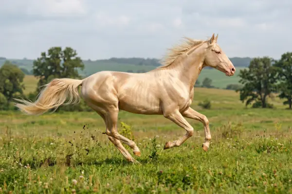 Palomino Achal Tekkiner galoppiert über eine grüne Wiese im Sommer