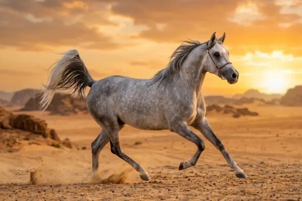 Weißes Araber Pferd galoppiert mit erhobenem Schweif durch eine Wüste bei Sonnenuntergang