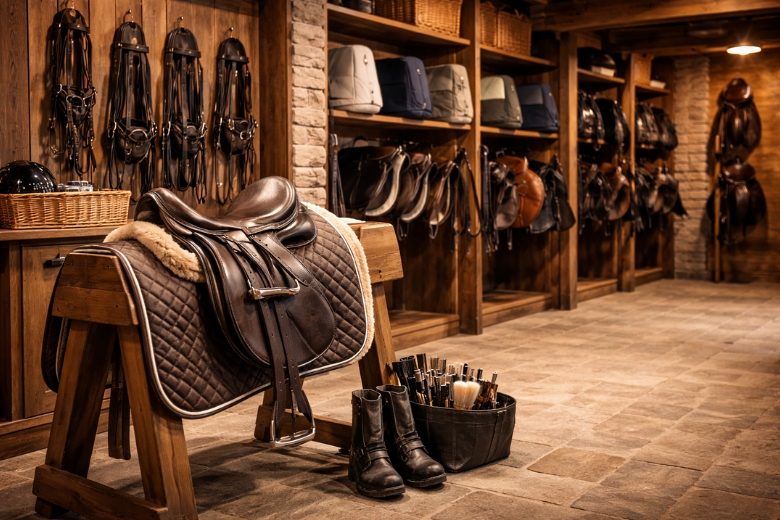 Reitsportbedarf: Blick in gut organisierte Sattelkammer