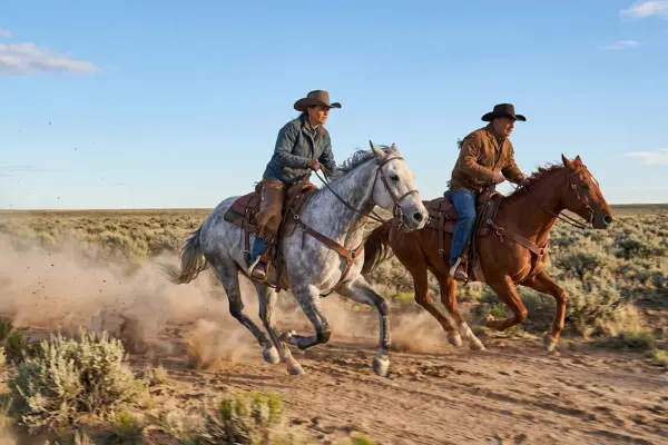 Eine Reiterin auf einem Apfelschimmel und ein Reiter auf einem fuchsfarbenen Pferd galoppieren nebeneinander in hohem Tempo durch eine flache Steppenlandschaft. Beide tragen Cowboyhüte und praktische Outdoor-Kleidung. Hinter den Pferden wirbelt eine dichte Staubwolke auf, im Hintergrund erstreckt sich eine weite Ebene unter blauem Himmel.