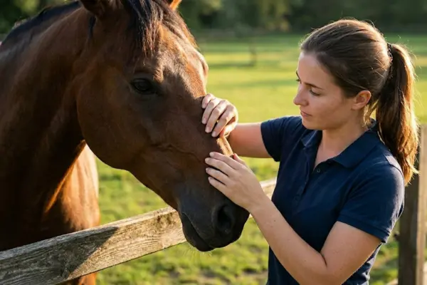 A photorealistic medium-close-up shot of a woman (e.g., Michelle, mid-20s, with brown hair in a ponytail, wearing a practical, dark blue ehorses branded polo shirt) gently holding the head of a calm, bay-colored horse. She is meticulously parting the hair with her fingers to check the sensitive area around the horse's nostril and cheek for ticks. Her focused expression shows care. The horse appears relaxed, standing near a wooden fence with a lush green paddock in the background under soft, warm, late-afternoon sunlight. Sunlight catches the horse's coat and the woman's hair. High resolution, natural film grain, shallow depth of field, warm color grading.