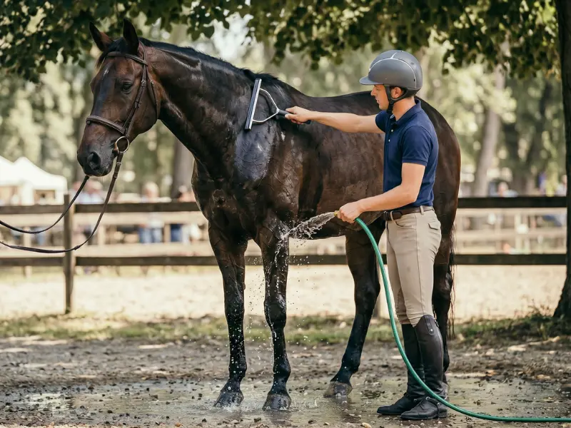 Bildbeschreibung: Eine fotorealistische Mittelaufnahme eines Reiters (in Sommerreitkleidung, z.B. Polo-Shirt, Helm), der sein Pferd nach dem Reiten an einem Waschplatz im Freien abkühlt. Der Reiter hält einen Wasserschlauch und führt einen sanften Wasserstrahl über die Vorderbeine des Pferdes. Man sieht das Wasser auf dem dunklen Fell des Pferdes glitzern und vom Bein ablaufen. Ein zweiter Detailfokus liegt auf einem Schweißmesser, das der Reiter in der anderen Hand hält, um das Wasser gerade vom Hals des Pferdes abzuziehen – genau wie im Text beschrieben. Die Szene spielt im Halbschatten (z.B. unter Bäumen oder einem Vordach), um einen kühleren Zufluchtsort darzustellen. Das Pferd wirkt entspannt, der Kopf ist leicht gesenkt. Wassertropfen spritzen leicht auf den feuchten Boden. Stil: Fotorealistisch, Dokumentarfotografie, natürliches Licht, frische Farben.Kameraeinstellungen: Mittlere Schärfentiefe (f/5.6), um sowohl den Schlauch, das Schweißmesser als auch den Gesichtsausdruck des Pferdes scharf abzubilden. Natürliches, weiches Licht.