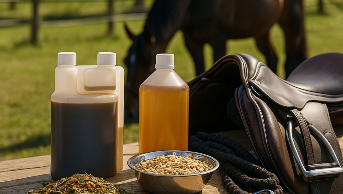 Produkt des Monats: Pferd im Hintergrund, vorne diverse Produkte