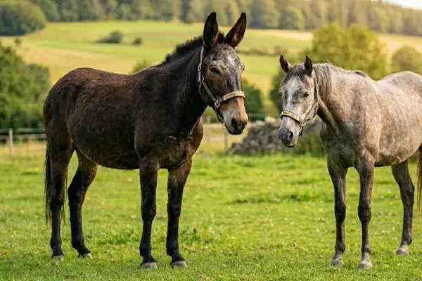 A photograph of a dark brown mule with prominent, large ears and a smaller grey-dappled horse standing side-by-side in a lush green pasture. Both animals wear coordinated, golden-buckled leather halters. They are framed by a scenic rolling agricultural landscape with fields, forests, a low dry stone wall, and distant farm buildings under warm, late-afternoon sunlight.