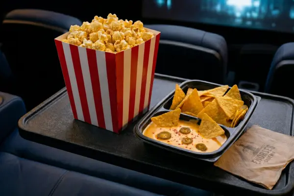 Nahaufnahme von typischen Kino-Snacks in einem Kinosaal: Ein rot-weiß gestreifter Becher mit frischem Popcorn steht neben einer Schale Nachos mit gelber Käsesoße und Jalapeños auf einer schwarzen Ablage.