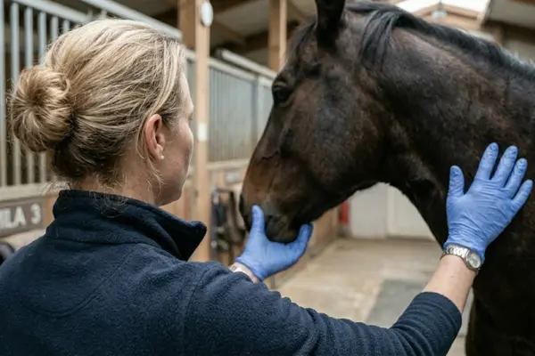 Eine fotorealistische Nahaufnahme, die eine Frau von hinten über die Schulter zeigt, während sie bei einem dunklen Pferd den Puls misst. Die Frau trägt eine dunkelblaue Jacke und blaue Handschuhe. Ihre Hand tastet sanft den Bereich der Ganasche (Unterkiefer) des Pferdes ab. Die Perspektive betont den ruhigen Moment zwischen Mensch und Tier im Stall.
