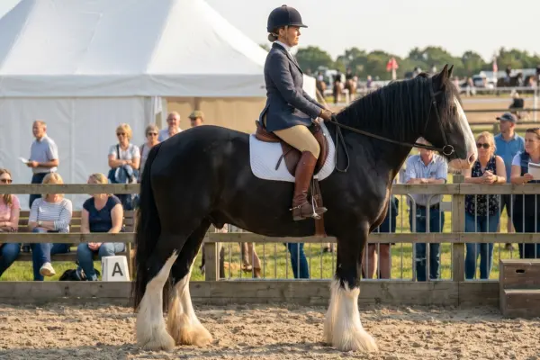 Ein großes, dunkelbraunes Shire Horse mit einer weißen Blesse im Gesicht und ausgeprägtem weißem Fesselbehang steht auf einem sandigen Reitplatz. Eine Reiterin in traditioneller englischer Reitbekleidung (inklusive Helm und Turniersakko) sitzt im Sattel. Im Hintergrund schauen Zuschauer hinter einem Holzzaun zu; links ist ein schlichtes, weißes Veranstaltungszelt zu sehen.