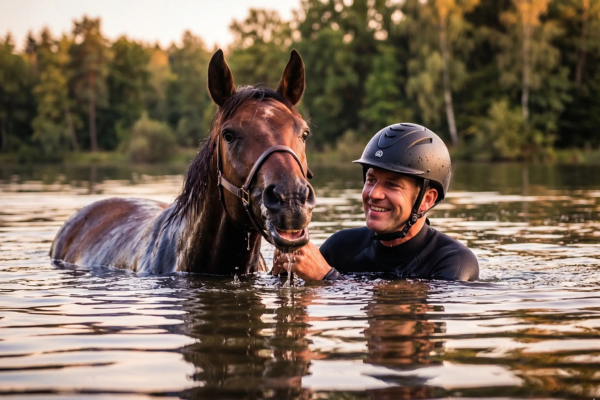 Ein Mann in Neoprenanzug und Reithelm schwimmt neben einem braunen Pferd in einem See bei Sonnenuntergang.