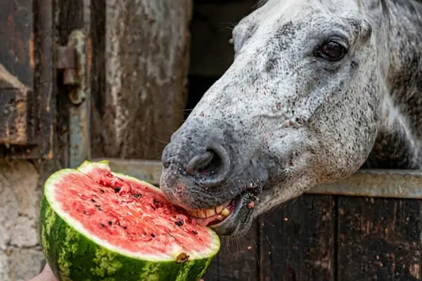 Eine Nahaufnahme eines apfelschimmelbanten Pferdekopfes, der aus einer hölzernen Stallbox herausschaut und vorsichtig in eine große, saftig rote Wassermelone beißt. Die Melone wird von einer Hand ins Bild gehalten. Die Textur des Pferdemauls und die Kerne in der Melone sind detailreich zu sehen.