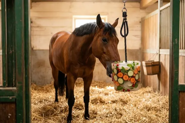 Ein braunes Pferd steht in einer hellen, mit Stroh eingestreuten Stallbox und schleckt an einem großen, zylindrischen Block aus gefrorenem Eis. Das Eis ist mit Karotten- und Gurkenscheiben sowie grünen Kräutern gefüllt und hängt an einem dicken, dunklen Seil von der Decke. Der Betrachter blickt von außen durch die geöffneten, grünen Gitterstäbe der Boxenfront auf das Pferd.