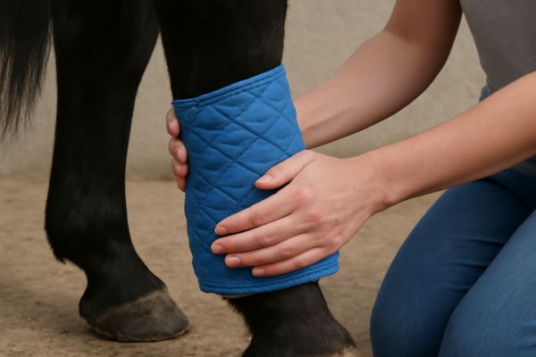 Einschuss beim Pferd: Mensch kühlt Bein eines Pferdes mit Kühlpad