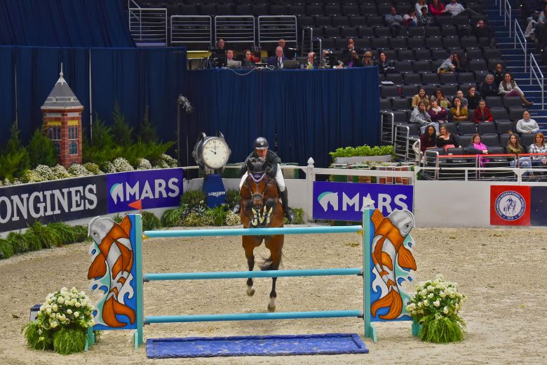 Internationales Festhallen Reitturnier Frankfurt:Pferd springt über einen Sprung mit Wasserunterbau