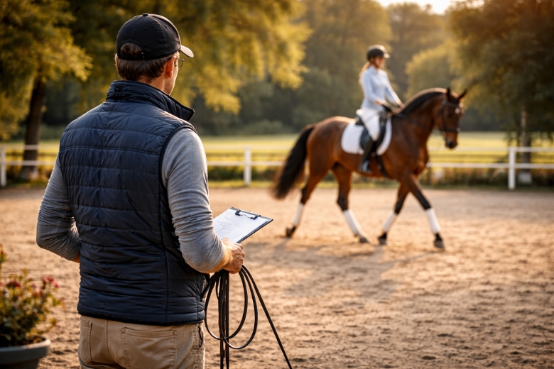 Stellenanzeigen im Reitsport: Reitlehrer beobachtet Dressurstunde
