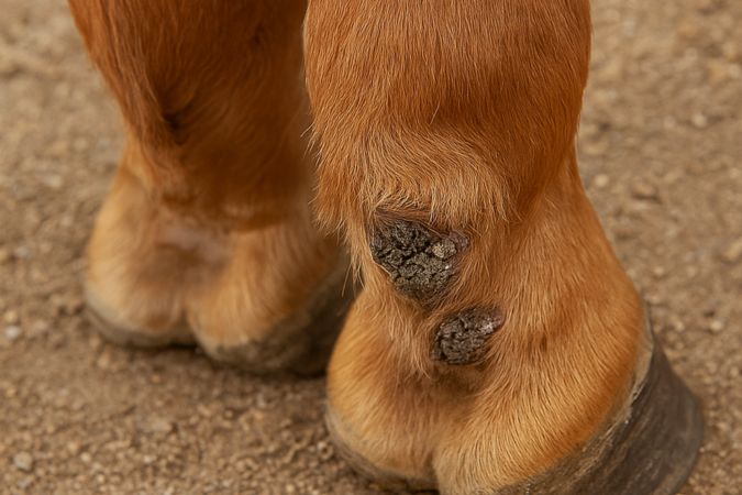 Mauke beim Pferd: Betroffene Pferdebeine mit Mauke in der Fesselbeuge