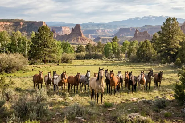 Herde Mustangs stht in einer Steppe und schaut aufmerksam zur Kamera