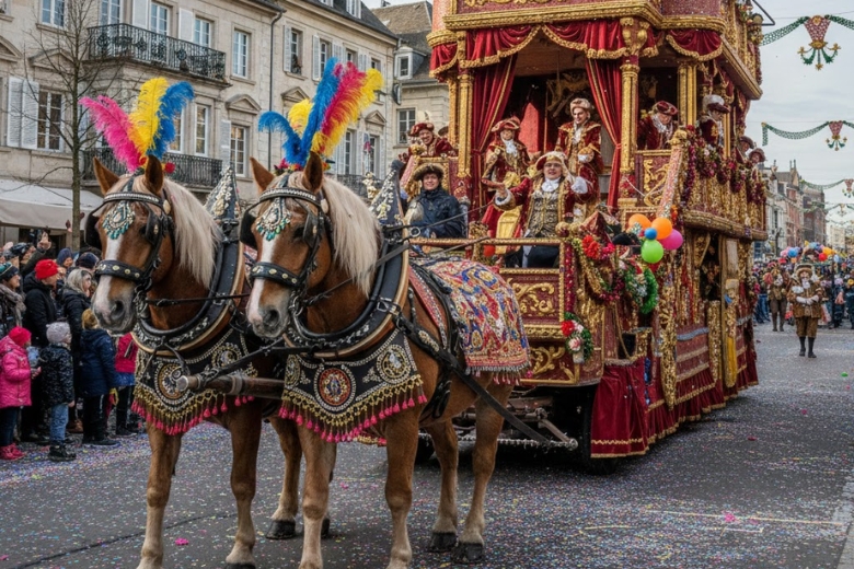 Pferde im Rosenmontagszug: Zwei Pferde ziehen Karnevalsgespann