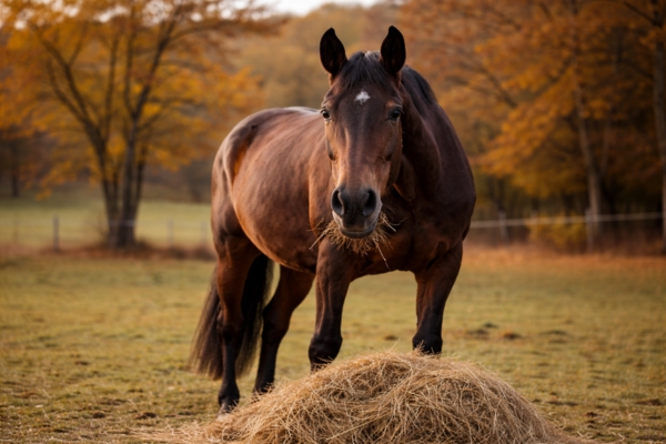 Produkt des Monats JOSERA Senior Help Balancer: Altes Pferd frisst Heu auf einer Wiese