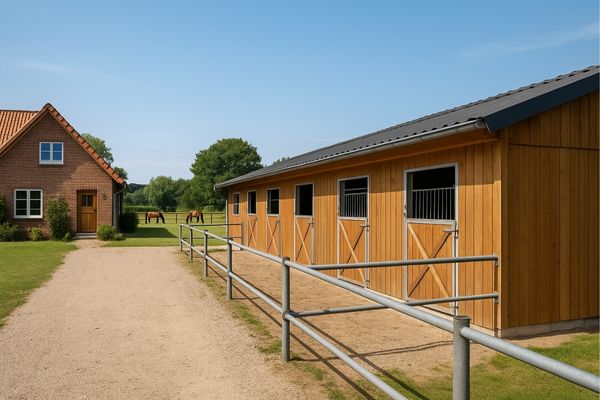 Reitanlage kaufen: Stallung und Weide im Hintergrund