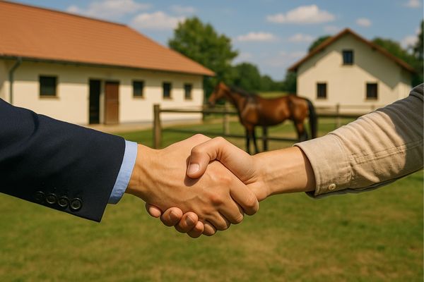 Reitanlage kaufen: Handschlag zwischen Käufer und Verkäufer und im Hintergrund Pferdeimmobilie