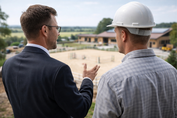 Reitanlagenbau: Anwalt und Bauherr betrchten Baustelle