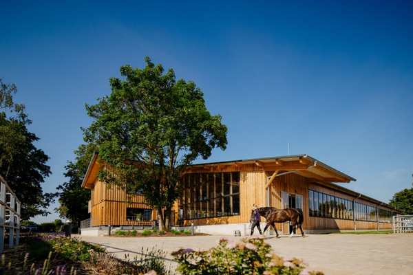 Reitanlagenbau: Reithalle mit Pferd davor