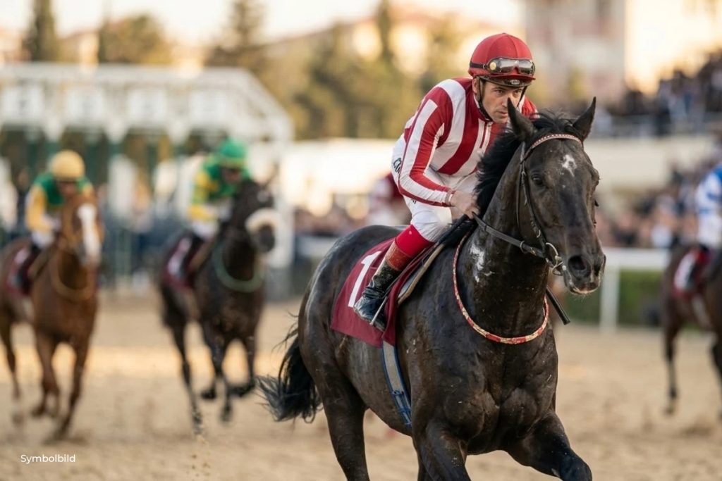 Rennpferde laufen ein Rennen und bewegen sich auf den Betrachter zu. Jockey hat ein rot-weiß gestreiftes Shirt an