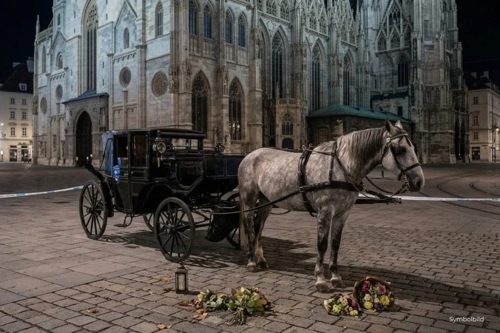 Zusammenbruch eines Fiakerpferdes. Fiakerpferd steht auf einem Marktplatz. Davor liegen Blumen. Die Stimmung ist düster