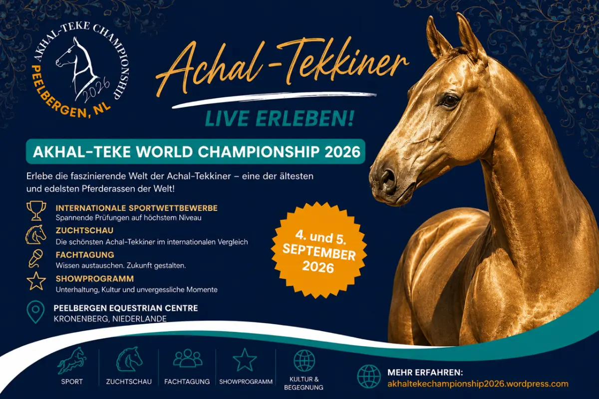 Veranstaltungsplakat zur Akhal-Teke World Championship am 4. und 5. September 2026 im Peelbergen Equestrian Centre, Kronenberg, Niederlande, mit einem vergoldeten Achal-Tekkiner Pferd im Profil.
