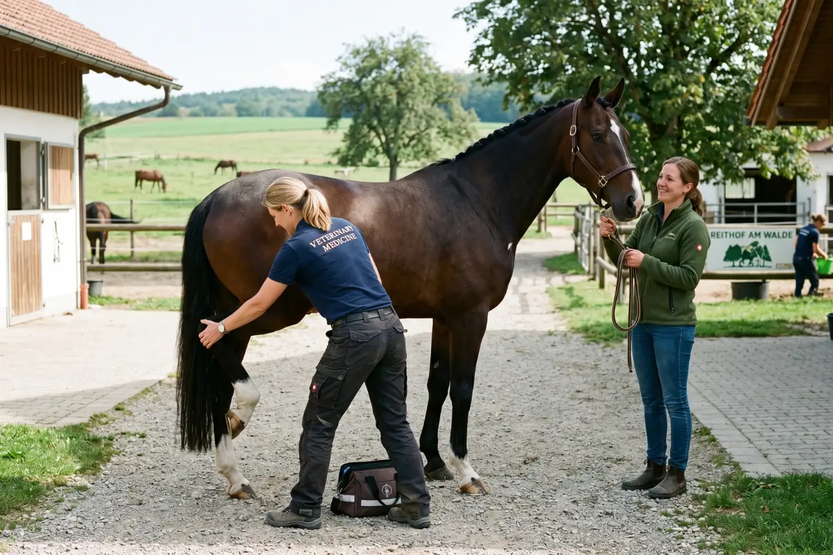 Tierärztin führt eine professionelle Ankaufsuntersuchung an einem Pferd auf einem Reiterhof durch, während eine Person das Pferd am Halfter hält.