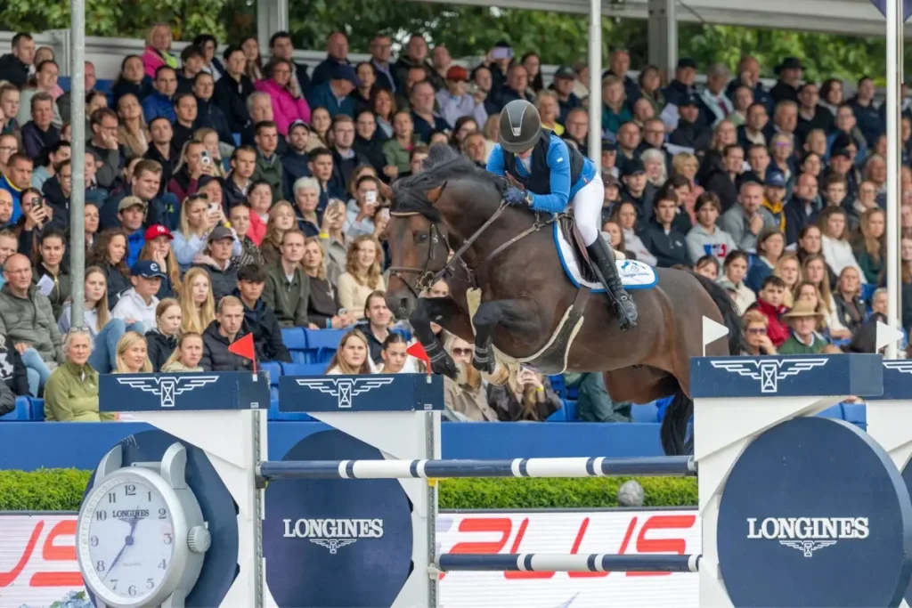 Ein dynamisches Foto des westfälischen Pferdes Django Z, einem Sohn von Dourkhan Hero, im vollen Sprung über ein aufwendiges Hindernis mit blauen Longines-Sponsorenschildern und einer Uhr. Eine Reiterin im blauen Jackett steuert das Pferd fokussiert. Im Hintergrund ist eine dicht besetzte, überdachte Zuschauertribüne bei den Weltmeisterschaften der jungen Springpferde 2026 zu sehen. Django Z holte die Silbermedaille bei den Sechsjährigen.