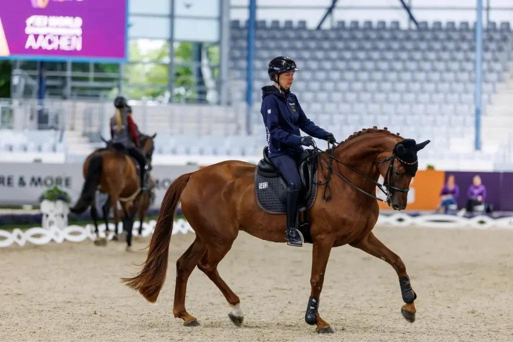 Anna-Lena Niehues reitet ein braunes Pferd bei einem Dressur-Wettbewerb in einem Stadion in Aachen.