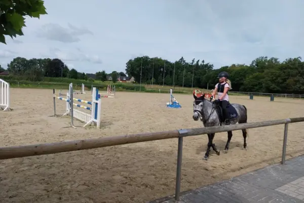Eine junge Reiterin mit schwarzem Helm, Sicherheitsweste und rosa Oberteil reitet auf einem gesattelten Apfelschimmel am Rand eines Sandreitplatzes. Das Pferd trägt eine Trense sowie eine schwarze Fliegenmütze. Im Vordergrund verläuft ein Holzgeländer der Platzumrandung. Auf dem Sandplatz im Hintergrund befinden sich mehrere bunten Springhindernisse, während grüne Bäume und ein bedeckter Himmel den Hintergrund bilden.