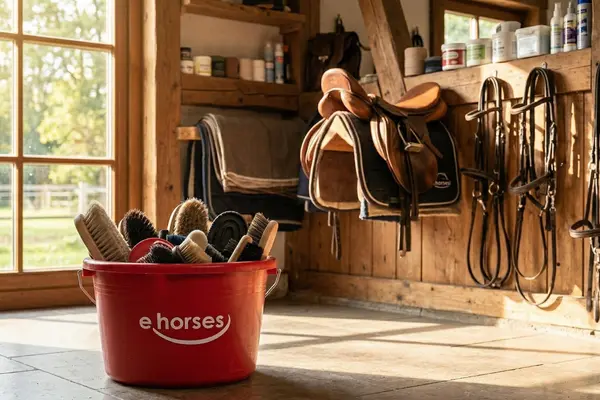 In einer Sattelkammer steht ein rote ehorses eimer auf einem sauberen Steinboden. Der Eimer ist bis oben hin mit verschiedenen Putzbürsten gefüllt.