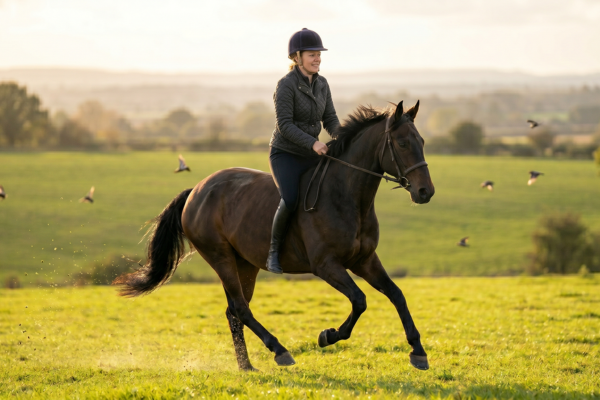 Eine glückliche Reiterin mit Reithelm galoppiert ohne Sattel auf einem dunkelbraunen Pferd über eine weite, grüne Wiese. Sie hält die Zügel locker in den Händen, während im Hintergrund eine sanfte Hügellandschaft im warmen Licht der tiefstehenden Sonne zu sehen ist.